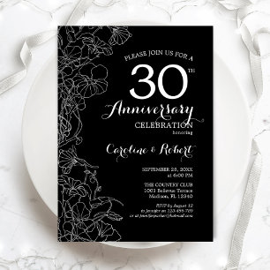 Black White Floral 30th Anniversary Invitation