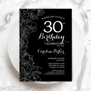 Black White Floral 30th Birthday Party Invitation