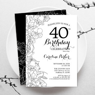 Black White Floral 40th Birthday Party Invitation