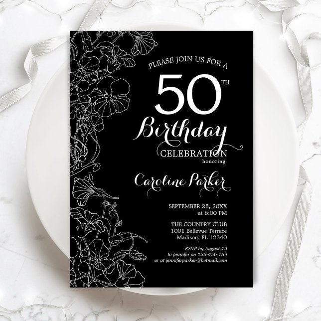 Black White Floral 50th Birthday Party Invitation (Creator Uploaded)