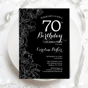 Black White Floral 70th Birthday Party Invitation