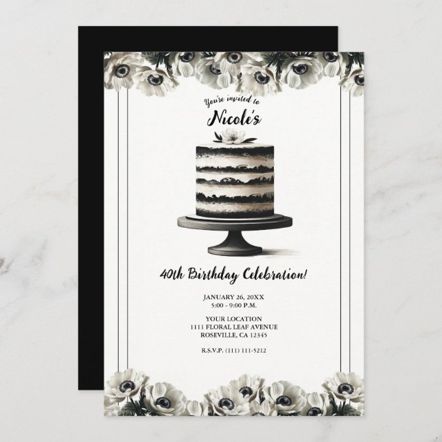 Black & White Floral Anemone Cake Birthday Party Invitation (Front/Back)