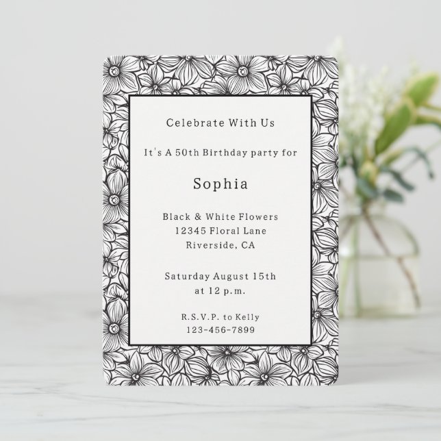 Black White Floral Birthday Invitation (Standing Front)