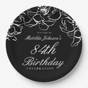 Black White Floral Birthday Party Paper Plate