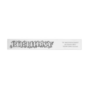 Black White Floral Birthday Wrap Around Label