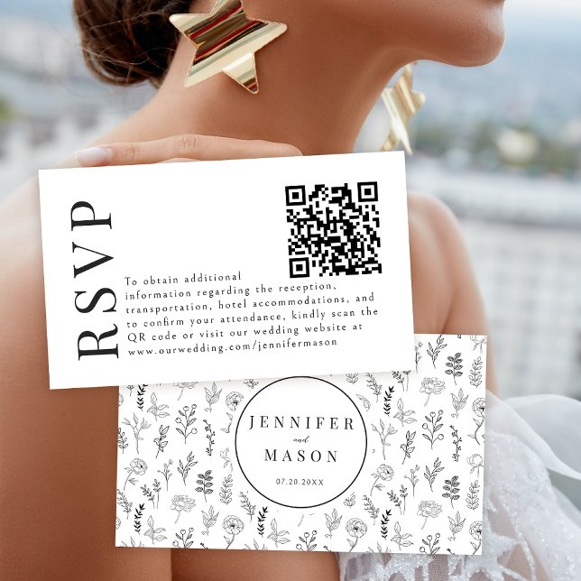 Black white floral boho wedding RSVP QR code cards (Creator Uploaded)