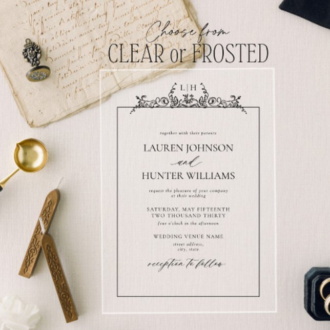 Black White Floral Border Monogram Wedding Acrylic Invitations (Creator Uploaded)