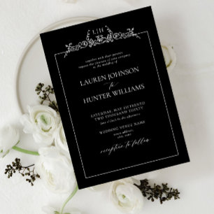 Black White Floral Border Monogram Wedding Invitation