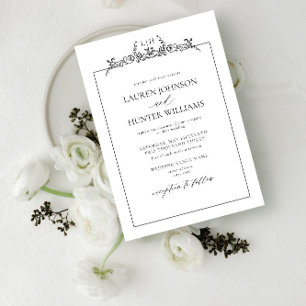 Black White Floral Border Monogram Wedding Invitation