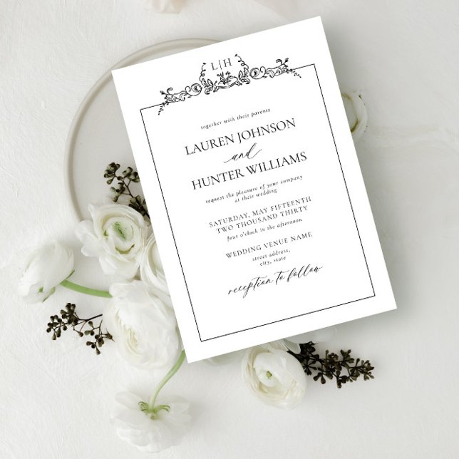 Black White Floral Border Monogram Wedding Invitation (Creator Uploaded)