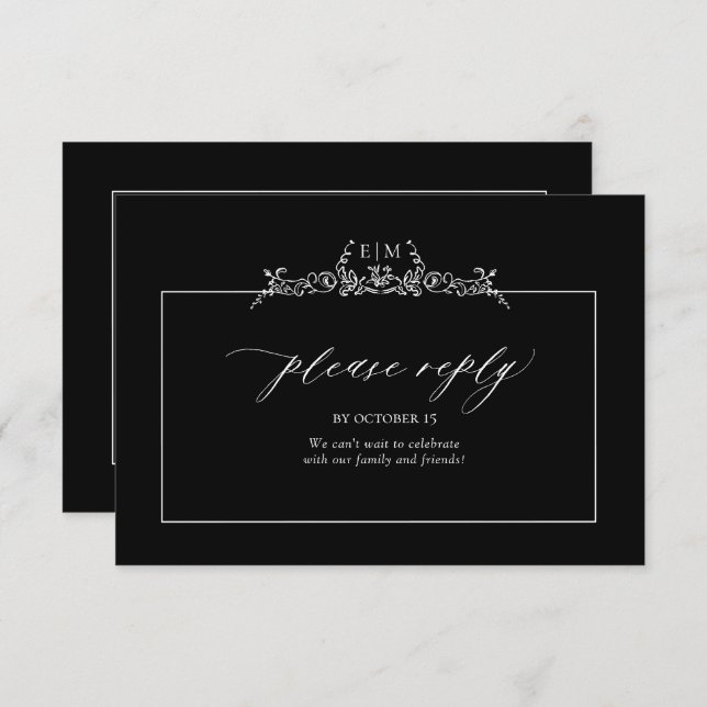 Black & White Floral Border Monogram Wedding RSVP Card (Front/Back)