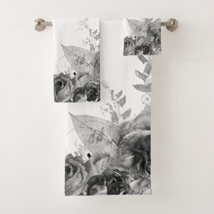 BLACK WHITE FLORAL BOTANICAL BATHROOM TOWEL SET