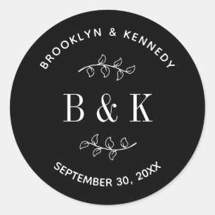 Black White Floral Botanical Monogram Couple Name Classic Round Sticker