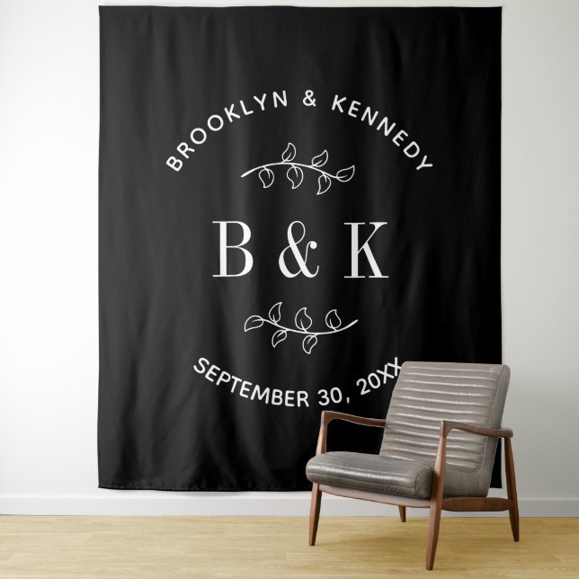 Black White Floral Botanical Monogram Couple Name Tapestry (In Situ)