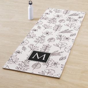 Black White Floral Botanical Monogram Yoga Mat
