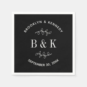 Black White Floral Botanical Wedding Couple Name Napkin