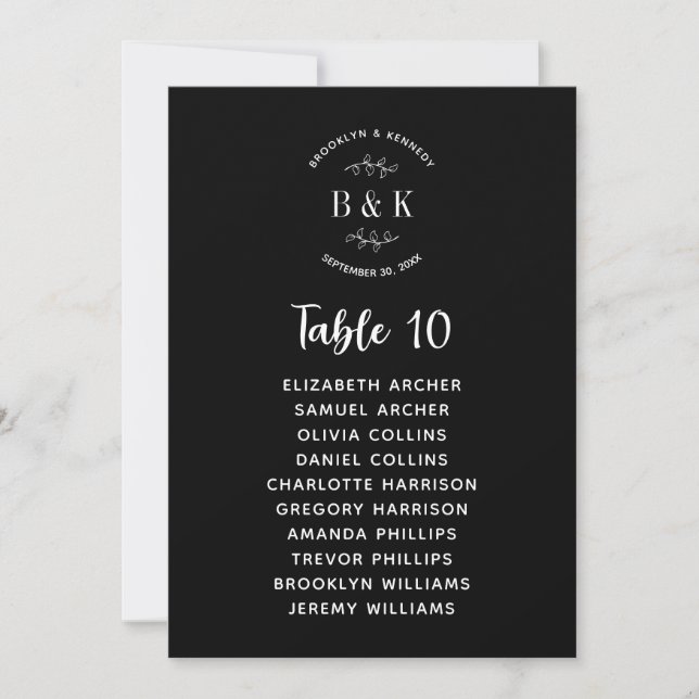 Black White Floral Botanical Wedding Seating Chart Invitation (Front)