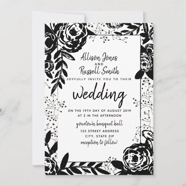 Black + White Floral Calligraphy Wedding Invitation (Front)
