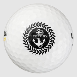 Black & White Floral Circle & Nautical Anchor Golf Balls