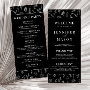 Black white floral classic wedding program card