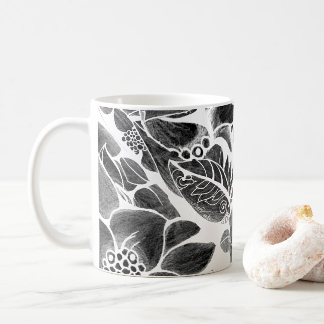 Black White floral Coffee Mug (With Donut)