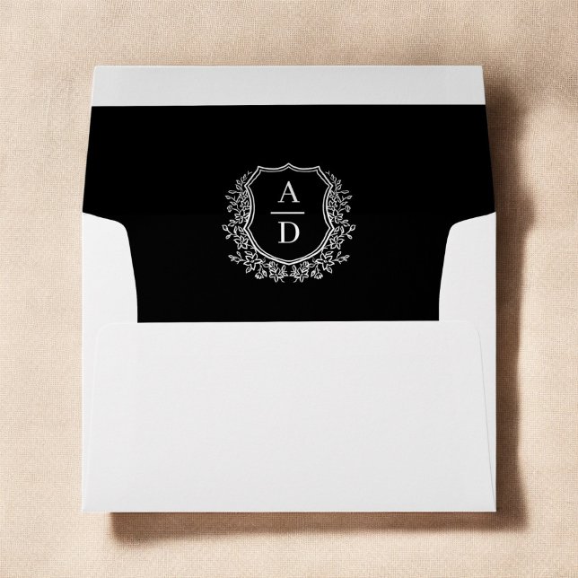 Black White Floral Crest Monogram Wedding Envelope (Creator Uploaded)