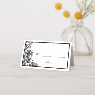 Black & White Floral Damask Folded Place Card