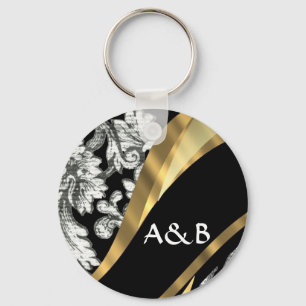 Black & white floral damask key ring