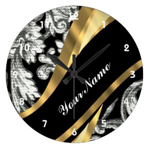 Black & white floral damask large clock