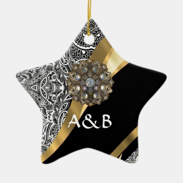 Black & white floral damask pattern ceramic tree decoration (Front)