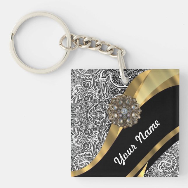 Black & white floral damask pattern key ring (Front)