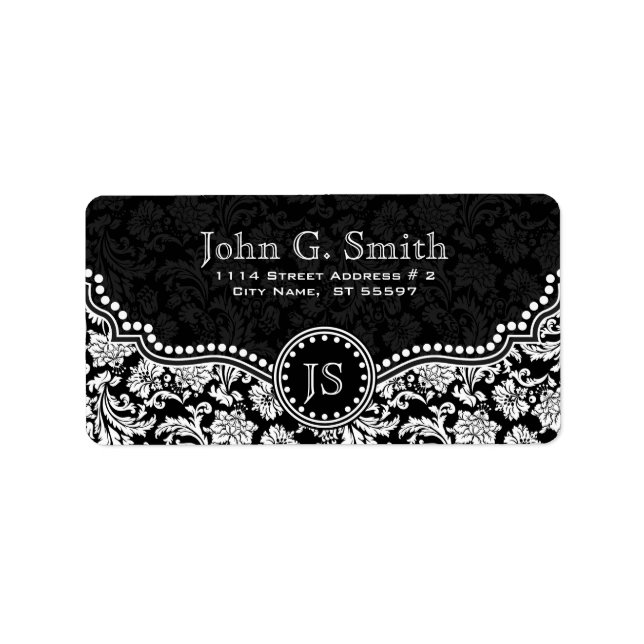 Black & White Floral Damask Pattern Label (Front)