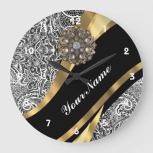Black & white floral damask pattern large clock