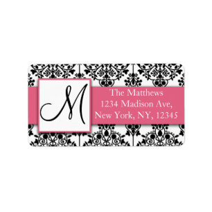 Black White Floral Damask Pink Address Label