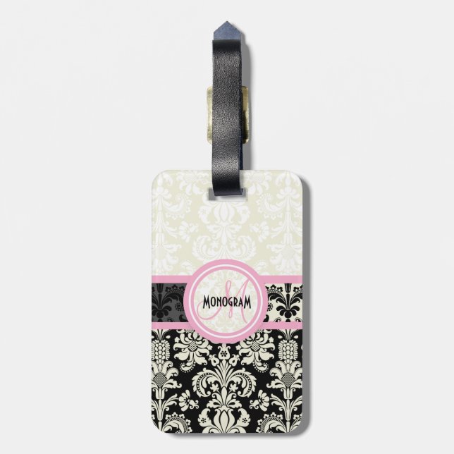 Black & White Floral Damasks Customised Luggage Tag (Back Vertical)
