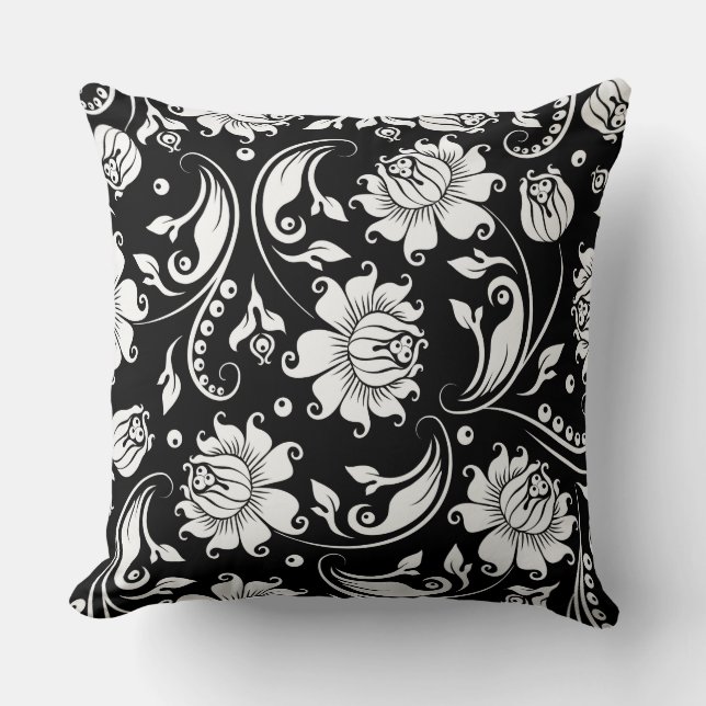 Black & White Floral Damasks Pattern Cushion (Front)