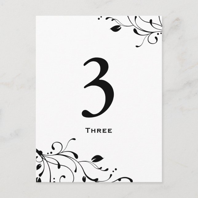 Black & White Floral Decal Table Number Card (Front)