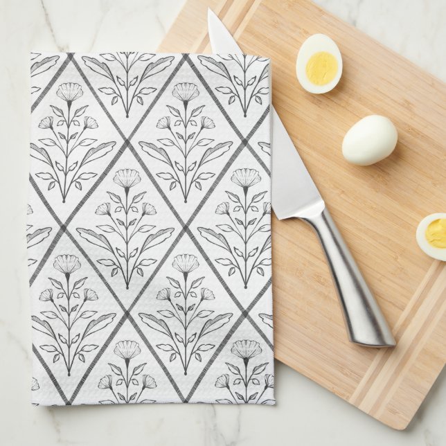 Black & White Floral Diamond Kitchen Towel (Quarter Fold)