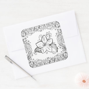 Black & White Floral Elegance Square Sticker