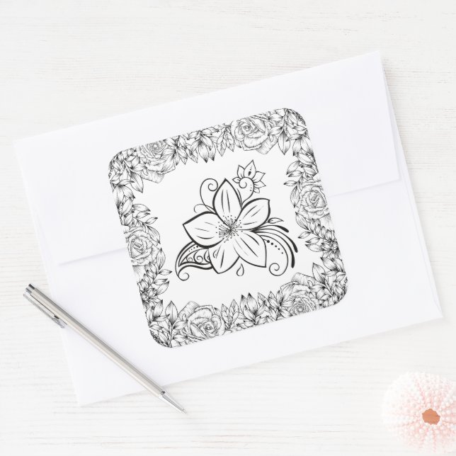 Black & White Floral Elegance Square Sticker (Envelope)