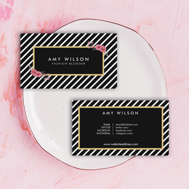 Black White Floral Fashion Blogger Social Media Business Card (Creator Uploaded)