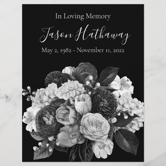 Black & White Floral Funeral Memorial Flyer (Front)