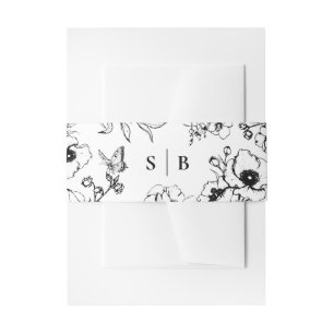 Black   White Floral Garden Monogram Wedding Invitation Belly Band