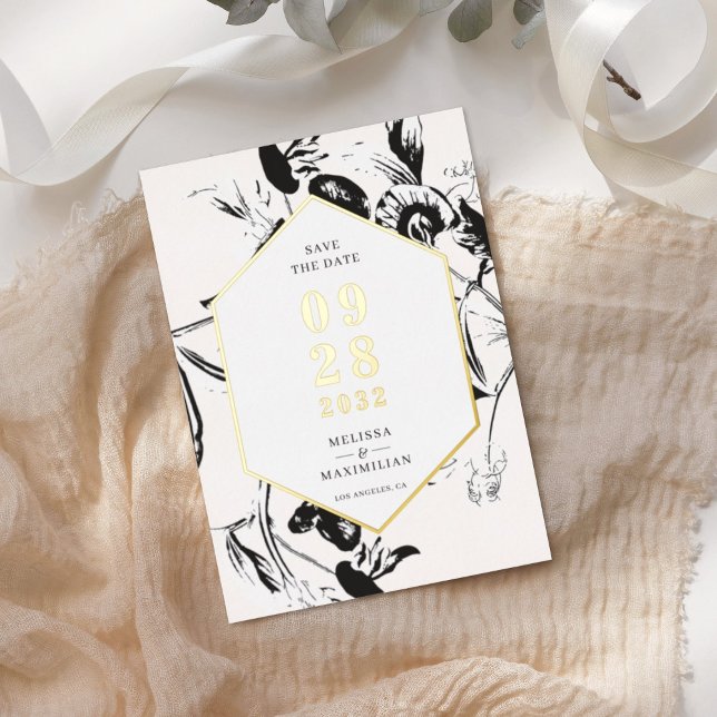 Black & White floral geo gold frame save date (Creator Uploaded)
