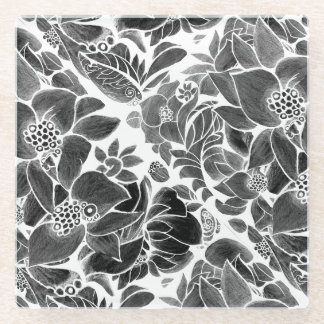 Black White floral Glass Coaster