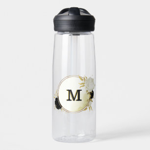 black & white floral gold water bottle