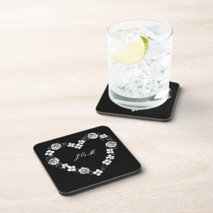 Black & White Floral Heart Monogram Hard Plastic C Coaster