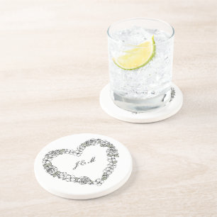 Black & White Floral Heart  Sandstone Coaster