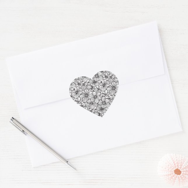 Black White Floral Heart Sticker (Envelope)