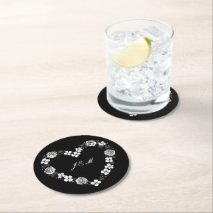 Black & White Floral Heart Wedding Paper Coasters